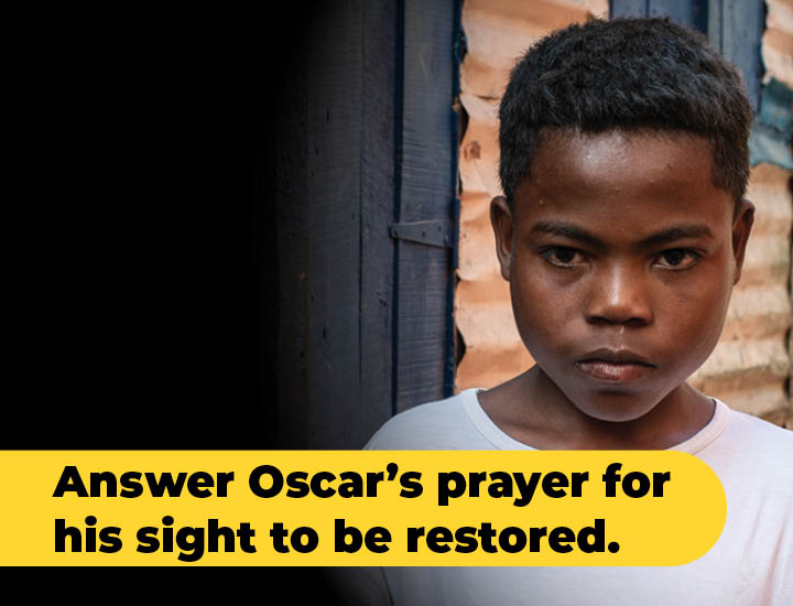 An image of Oscar with the caption 'Answer Oscar's prayer for his sight to be restored.'