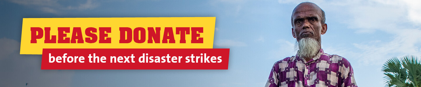 A headshot of a man with overlay text that reads 'PLEASE DONATE before the next disaster strikes'