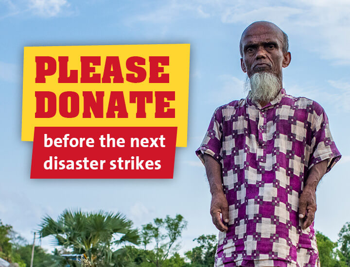 A headshot of a man with overlay text that reads 'PLEASE DONATE before the next disaster strikes'
