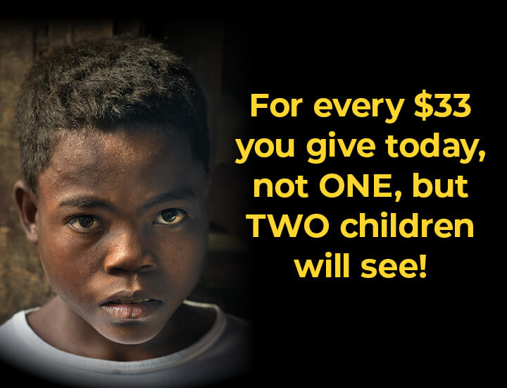 Oscar looking at the camera with the caption 'For every $33 you give today, not ONE, but TWO children will see!'