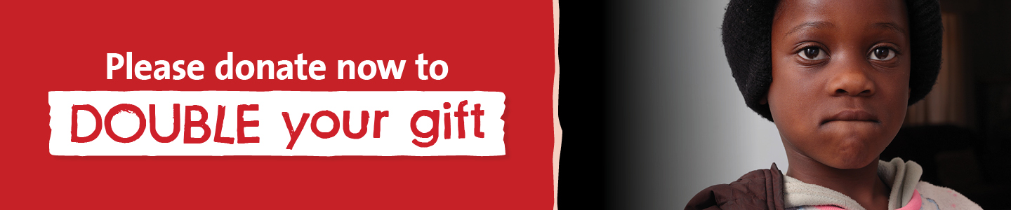 Text reads “Please donate now to double your gift”. On the right side, Camille looking at camera solemnly is visible.