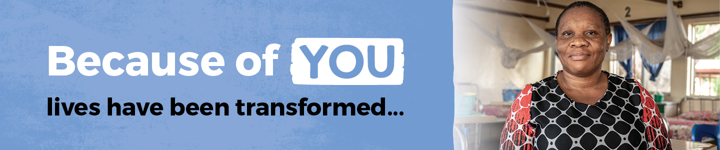 Chizoram smiling at the camera with text overlay 'Because of you, lives have been transformed'