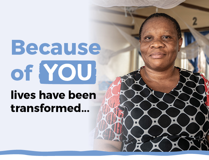 Chizoram smiling at the camera with text overlay 'Because of you, lives have been transformed'